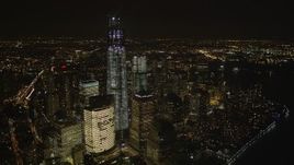 4K aerial stock footage of Freedom Tower, World Trade Center, Lower Manhattan, New York, New York, night Aerial Stock Footage | AX85_023