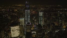 4K aerial stock footage Flying by World Trade Center, Lower Manhattan, New York, New York, night Aerial Stock Footage | AX85_024