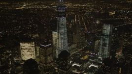 4K aerial stock footage of World Trade Center skyscrapers, Lower Manhattan, New York, New York, night Aerial Stock Footage | AX85_025