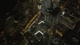 4K aerial stock footage of World Trade Center Memorial, Lower Manhattan, New York, New York, night Aerial Stock Footage | AX85_028