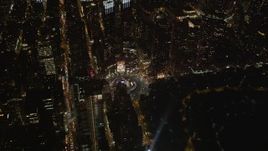 4K aerial stock footage Approach Columbus Circle, Midtown Manhattan, New York, New York, night Aerial Stock Footage | AX85_042