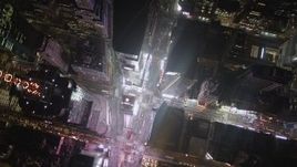 4K aerial stock footage Bird's eye view over Times Square, Midtown Manhattan, New York, New York, night Aerial Stock Footage | AX85_046