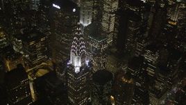 4K aerial stock footage Flying by Chrysler Building, Midtown Manhattan, New York, New York, night Aerial Stock Footage | AX85_069