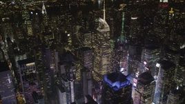 4K aerial stock footage Bank of America Tower, Times Square, Midtown Manhattan, New York, night Aerial Stock Footage | AX85_074