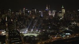 4K aerial stock footage Flying by Midtown Manhattan, seen from Hudson River, New York, New York, night Aerial Stock Footage | AX85_110