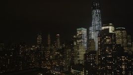4K aerial stock footage Flying by the World Trade Center, Lower Manhattan, New York, New York, night Aerial Stock Footage | AX85_120