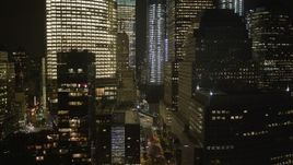 4K aerial stock footage Fly by World Trade Center, Lower Manhattan, New York, New York, night Aerial Stock Footage | AX85_121