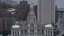 4K aerial stock footage of approaching the top of the Manhattan Municipal Building, Lower Manhattan, New York City Aerial Stock Footage | AX86_015