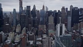4K aerial stock footage passing Midtown Manhattan skyscrapers Upper West Side, New York City Aerial Stock Footage | AX86_063