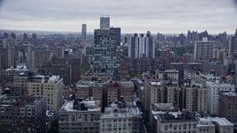 4K aerial stock footage of passing by apartment complexes on the Upper West Side, New York City Aerial Stock Footage | AX86_067