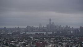 4K aerial stock footage a wide view of Lower Manhattan, New York City, seen from Jersey City Aerial Stock Footage | AX86_085