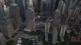 4K aerial stock footage Flying by the World Trade Center Memorial, Lower Manhattan, New York, New York Aerial Stock Footage | AX87_032