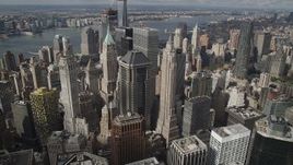 4K aerial stock footage Flying over Lower Manhattan skyscrapers, New York, New York Aerial Stock Footage | AX87_049