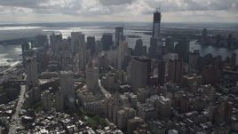 4K aerial stock footage Flying over buildings, revealing Lower Manhattan, New York, New York Aerial Stock Footage | AX87_055