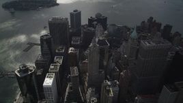 4K aerial stock footage Fly over Lower Manhattan, approach skyscrapers, East River, New York, New York Aerial Stock Footage | AX87_059