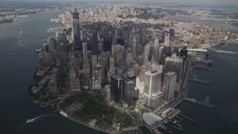 4K aerial stock footage Tilt up to reveal Lower Manhattan from a high altitude, New York, New York Aerial Stock Footage | AX87_064
