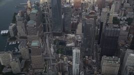 4K aerial stock footage Approaching World Trade Center Memorial, Lower Manhattan, New York, New York Aerial Stock Footage | AX87_068