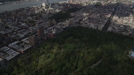 4K aerial stock footage Panning left to Upper West Side buildings, Central Park, New York, New York Aerial Stock Footage | AX87_124