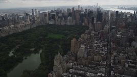 4K aerial stock footage Approaching Midtown Manhattan skyscrapers, Upper West Side, New York Aerial Stock Footage | AX87_146