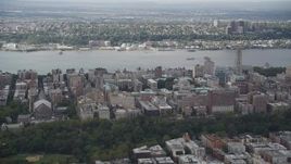 4K aerial stock footage Flying over Columbia University, views of Hudson River, New York, New York Aerial Stock Footage | AX87_158
