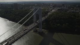 4K aerial stock footage Fly by George Washington Bridge, Hudson River, toward New Jersey, New York Aerial Stock Footage | AX87_167