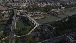 4K aerial stock footage Approaching Alexander Hamilton Bridge, Washington Heights, New York, New York Aerial Stock Footage | AX87_174