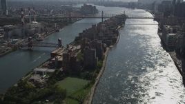 4K aerial stock footage Coler-Goldwater Specialty Hospital, Roosevelt Island, Queensboro Bridge, New York Aerial Stock Footage | AX87_186