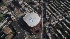 4K aerial stock footage of approaching Barclays Center, tilt to bird's eye view of arena, Brooklyn, New York Aerial Stock Footage | AX88_014