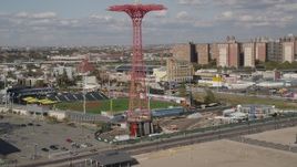 4K aerial stock footage pan from Parachute Jump revealing Luna Park, Coney Island, Brooklyn, New York Aerial Stock Footage | AX88_050