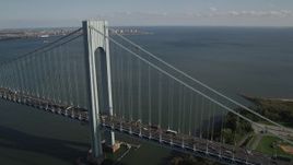 4K aerial stock footage pan across Verrazano-Narrows Bridge, spanning The Narrows, New York Aerial Stock Footage | AX88_081