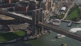 4K aerial stock footage of the world famous Brooklyn Bridge, New York, New York Aerial Stock Footage | AX88_123