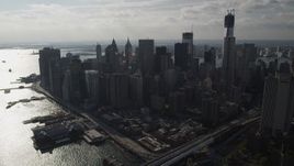 4K aerial stock footage of approaching Lower Manhattan's downtown skyscrapers, New York, New York Aerial Stock Footage | AX88_127