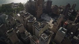 4K aerial stock footage of flying over Lower Manhattan skyscrapers by Hudson River, New York, New York Aerial Stock Footage | AX88_131
