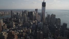 4K aerial stock footage of approaching Freedom Tower and Lower Manhattan skyscrapers, New York, New York Aerial Stock Footage | AX88_137