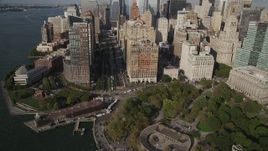 4K aerial stock footage tilt from Battery Park, reveal Lower Manhattan skyscrapers, New York, New York Aerial Stock Footage | AX88_147