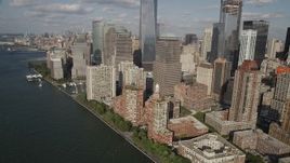 4K aerial stock footage of skyscrapers by the Hudson River in Lower Manhattan, New York, New York Aerial Stock Footage | AX88_149