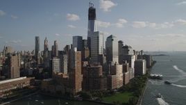 4K aerial stock footage of Freedom Tower and World Trade Center skyscrapers in Lower Manhattan, New York Aerial Stock Footage | AX88_154