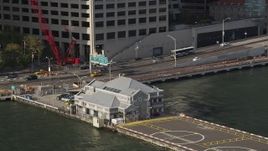 4K aerial stock footage of the Downtown Manhattan Heliport in Lower Manhattan, New York Aerial Stock Footage | AX88_161