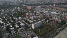 4K aerial stock footage approach apartment buildings, row houses, Hamilton Park, Jersey City, New Jersey Aerial Stock Footage | AX88_169