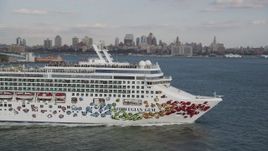 4K aerial stock footage track a cruise ship sailing New York Harbor, New York, New York Aerial Stock Footage | AX88_180