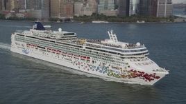 4K aerial stock footage of orbiting the bow of a cruise ship sailing New York Harbor, New York, New York Aerial Stock Footage | AX88_181