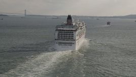 4K aerial stock footage of flying by the stern of a cruise ship sailing New York Harbor, New York, New York Aerial Stock Footage | AX88_184