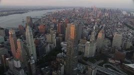 4K aerial stock footage Flying by Lower Manhattan,8 Spruce Street, New York, New York, sunset Aerial Stock Footage | AX89_007
