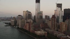 4K aerial stock footage Fly by One and Two World Financial Center, Lower Manhattan, New York, sunset Aerial Stock Footage | AX89_022