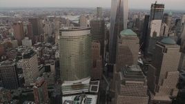 4K aerial stock footage of World Trade Center, 200 West Street, Lower Manhattan, New York, sunset Aerial Stock Footage | AX89_024