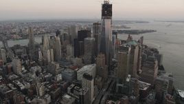 4K aerial stock footage Flying by World Trade Center, Lower Manhattan skyscrapers, New York, sunset Aerial Stock Footage | AX89_026