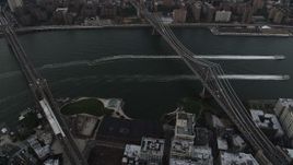4K aerial stock footage Flying by Brooklyn Bridge, Manhattan Bridge, East River, New York, twilight Aerial Stock Footage | AX89_033