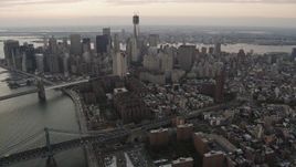 4K aerial stock footage Flying by Lower Manhattan, from Lower East Side, New York, twilight Aerial Stock Footage | AX89_036