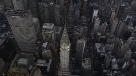 4K aerial stock footage Bird's eye view of Chrysler Building, Midtown Manhattan, New York, twilight Aerial Stock Footage | AX89_063