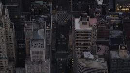 4K aerial stock footage Flying over 7th Avenue, Midtown Manhattan, New York, New York, twilight Aerial Stock Footage | AX89_071